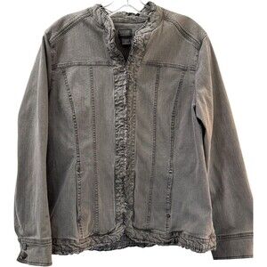 Chicos Jean Jacket Gray Denim Pockets XL (3) 16 Ruffle Trim Hook Eye Closure
